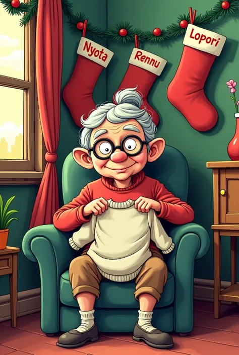 Scott Pilgrim style, old woman, dress, sitting in chair, holding blank sweater, Christmas stockings hung on garland, have names Nyota Rennu Lopori 