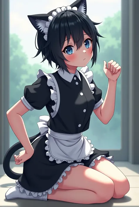 (photorealism:1.2) an anime boy wearing a short maid dress , black hair and blue eyes , keeling down stretching like a cat hips high , chin held up bcz of the collar 