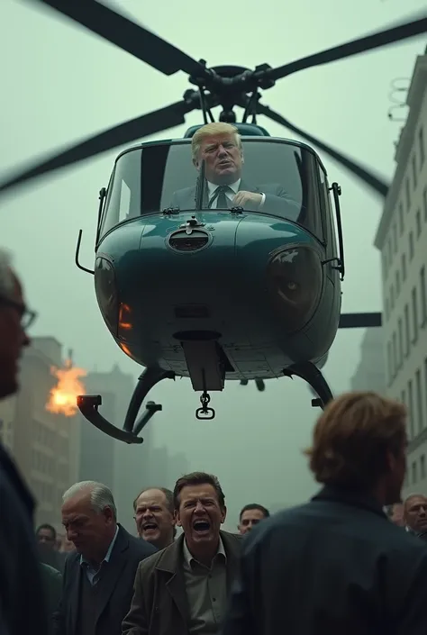 Trump (the president) shooting a buch of people in a helicopter