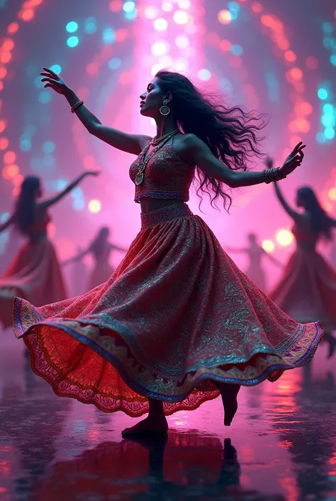 Neon Fractalized Synesthesia Glitchscape shredded gelmosaic paper mesmerizing Gujarati indian woman in a Neon Tradisnal navratri dress, playing garba dance, passionate dance pose, full body shot --ar 4:7 , 