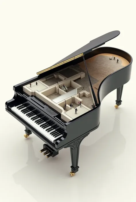 make an isometric view picture in which the floor plan of the building is inside the body of grand piano, add tiny shadows walking there 