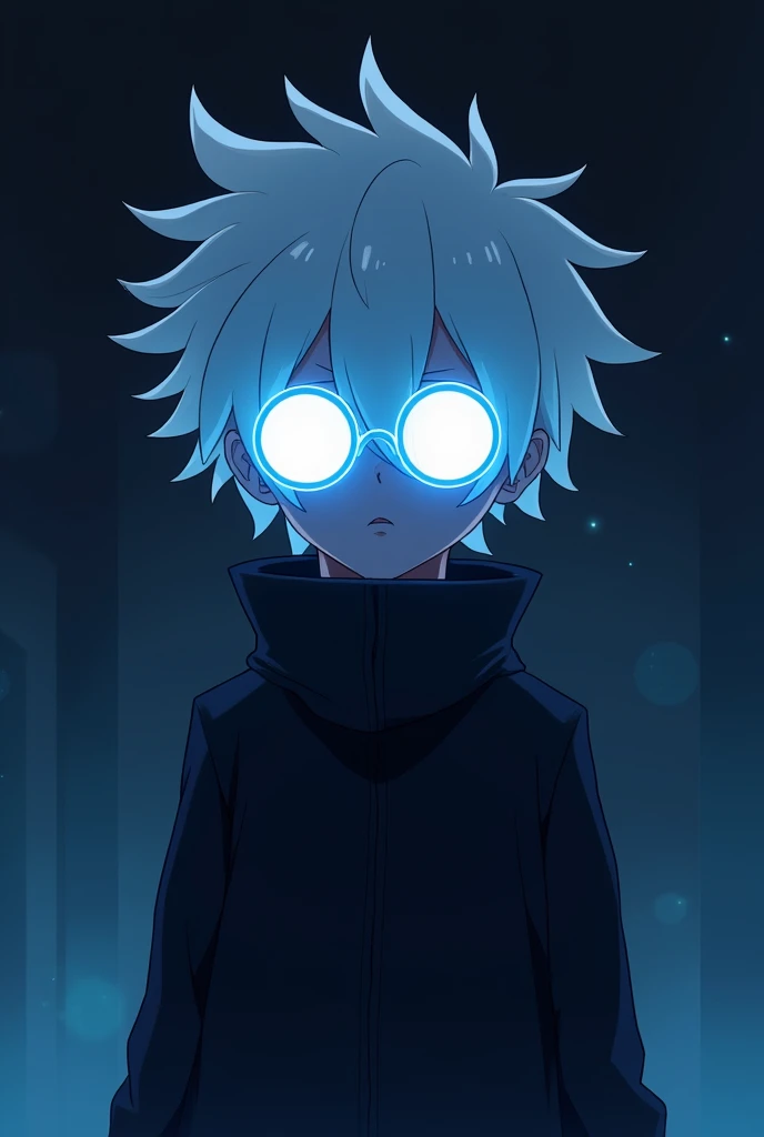 
An anime where a futuristic anime-style character with spiky white hair illuminated by a soft blue glow, wearing round glowing glasses that emit a neon-like light. The character is dressed in a high-collared black coat, standing in a dark, minimalistic ba...