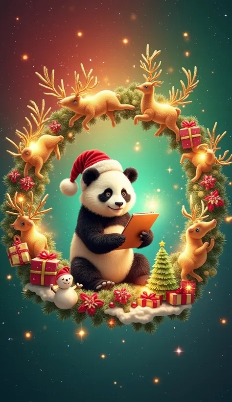 "A magical and mystical Christmas-themed illustration featuring a radiant gradient background in deep red, emerald green, and shimmering gold, with ethereal sparkles and softly glowing snowflakes gently falling. At the center, a whimsical panda with enchan...