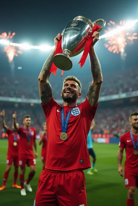 David Beckham, very muscular,  extremely strong,  thick legs , tattooed, the most beautiful man in the world, at 25 years old, Youre at a soccer stadium , Celebrating, Holding a big championship trophy . Behind him,  the other England players celebrate . i...