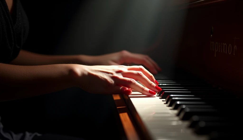 close-up, Female hands ,  red nails playing the piano in close,  the keyboard and part of the piano appear,  theater light with light bursting on the top of the hand, There is a spotlight illuminating the hands , dark background