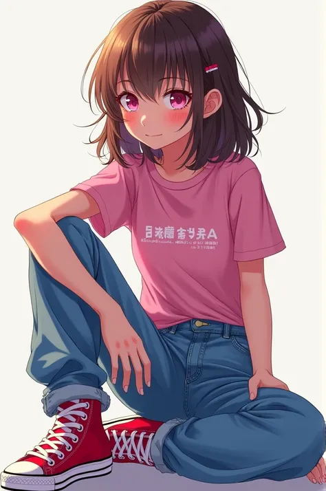 A 16-year-old anime girl with medium-length brown hair, pink eyes, wearing baggy jeans worn from the bottom up, all-star shoes, and a pink t-shirt with Japanese writing on it.