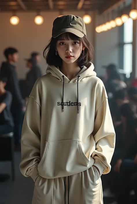 create a realistic picture of a Korean pop idol in the backstage with a lazy outfit, a cap, a hoodie and baggy pants, shes rehearsing for a performance