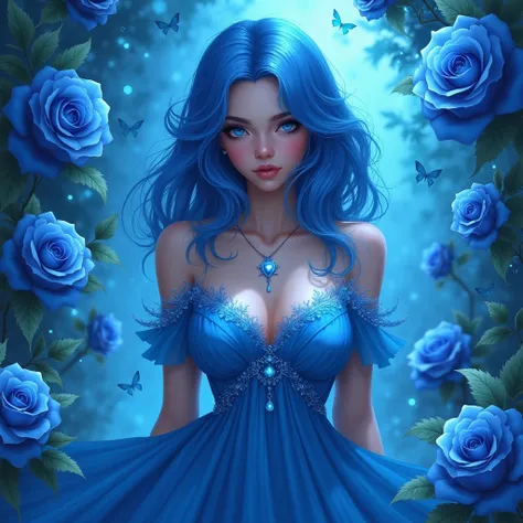 girl blue hair long hair blue eyes blue dress blue roses big breasts