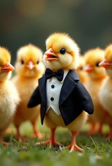 The image depicts a whimsical and heartwarming scene featuring a small chick as the central character. The chick is dressed in formal attire, wearing a tiny black tuxedo jacket with a white shirt underneath and a bowtie, adding a touch of elegance. This ch...