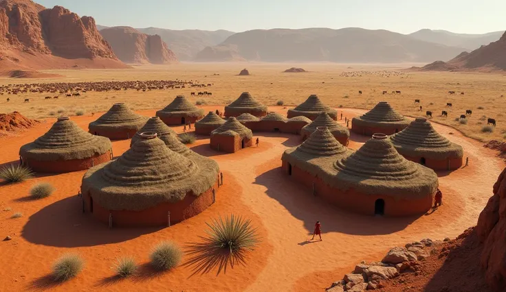 A traditional Himba village ,  with circular mud and manure huts,  surrounded by herds of cattle .