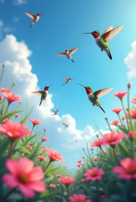 Hummingbirds flying in the sky and playing among the flowers