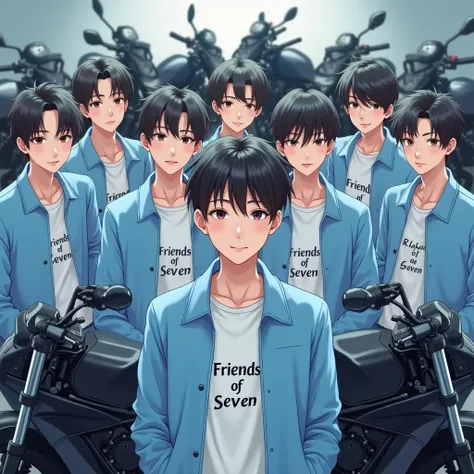  Seven handsome white males look like Korean teenage boys, they wear jackets , light blue ,  there is the inscription Friends of Seven on the front of his shirt ,  their hair is short in slight curls , there are thin bangs ,  They each stand in front of a ...