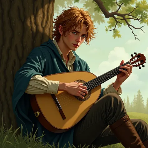  create the best image you can of Kvothe main character in the name of the wind make him handsome, He is playing the laud .  is resting on the trunk of a tree. your hair flutters in the wind 