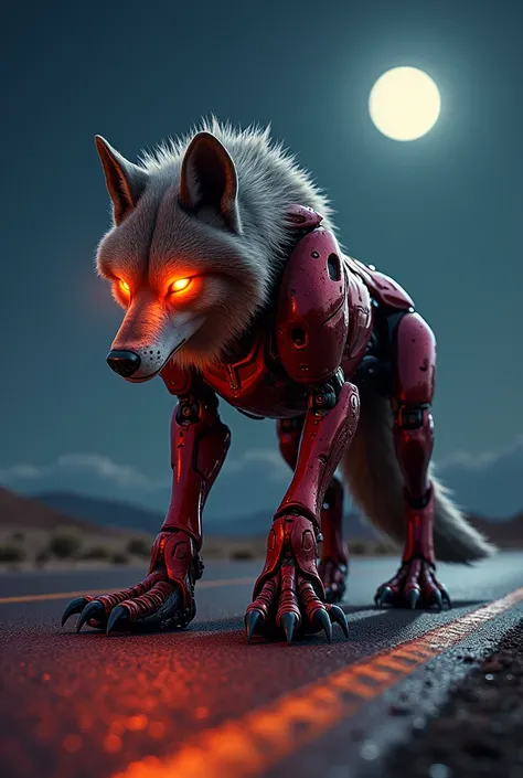 " A powerful creature formed by the fusion of a wolf and a Corvette .  The creatures front is that of a Corvette ,  with an elegant and aerodynamic body ,  painted in a vibrant metallic red ,  but with details of wolf fur intertwined on the surface ,  givi...