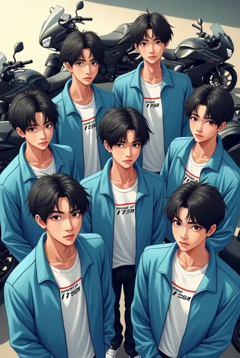  Seven handsome white males look like Korean teenage boys, they wear jackets , light blue ,  there is the inscription Friends of Seven on the front of his shirt ,  their hair is short in slight curls , there are thin bangs ,  They each stand in front of a ...