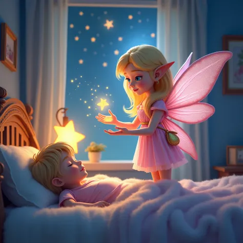 A blonde elf woman with blue eyes, dressed in a pink dress with pink wings, standing in a room above a s bed. She is sprinkling magical sleep dust on the . She is a sleep fairy. The atmosphere is magical, with golden dust particles floating in the air. The...