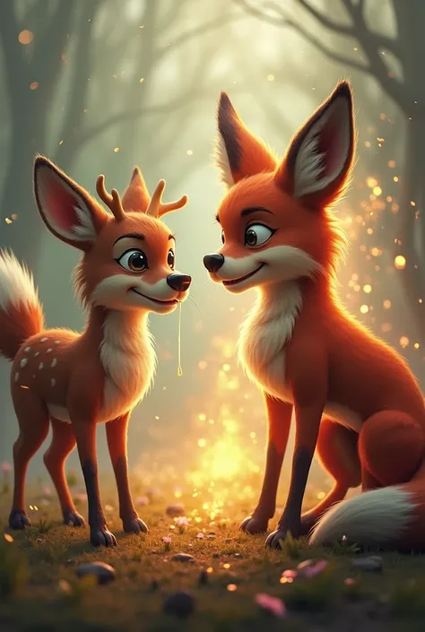 Deer crying and scorching an animated fox 