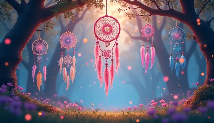 A peaceful and magical dreamcatcher forest, designed specifically for ren. Dreamcatchers in vibrant colors hang gently from the trees, surrounded by soft lights and pastel hues. The scene is enhanced by sparkling crystal chains that shimmer in a warm, soft...