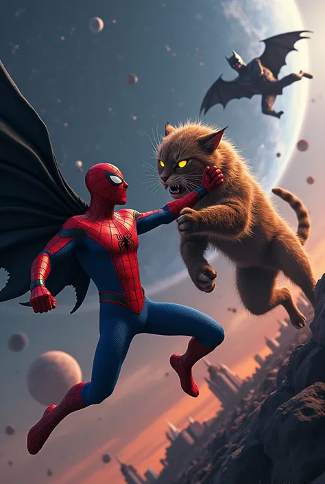 Spiderman fighting cat in space, batman comes to the rescue