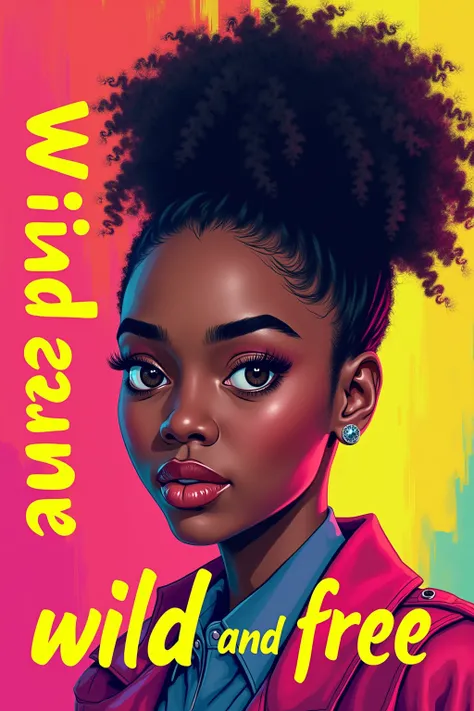 A realistic women design, colourful, punchy colour, vibrant colours, puff design, wild and free written in background in funkey fonts,