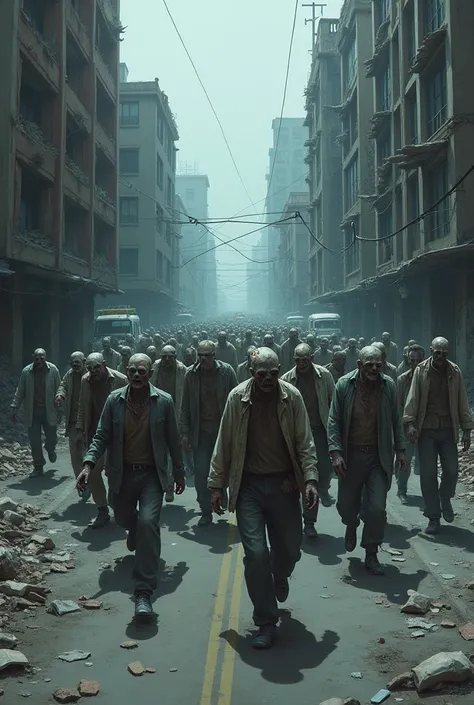 A group of zombies walking down road ,  in an empty city only walking undead 