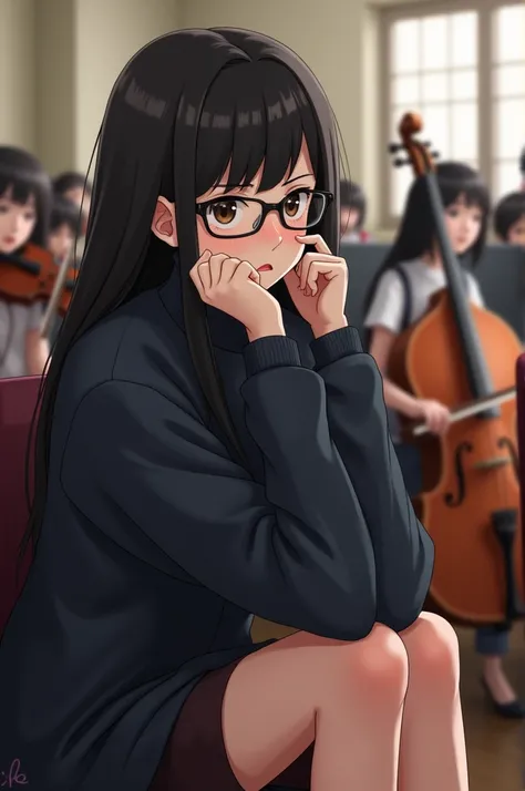  Me like Im at an orchestra rehearsal in a music school.  I have black hair about my chest with bangs .  brown eyes . I wear black glasses .  Im wearing a dark sweatshirt with heels .  Im looking stupid because my teacher made me angry . 