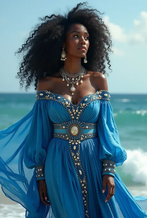 Orisha Yemanjá,,  curly-haired black woman who wears baby blue and navy blue robes, Queen of the Sea who controls waves 
