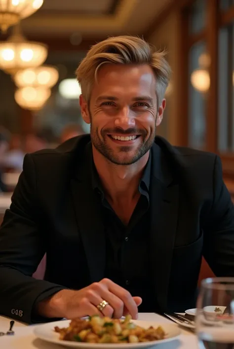  Handsome Russian man sitting in an expensive restaurant ,  Athletic athletic physique ,  blond hair and a well-groomed beard ,  he looks at the camera .  He wears a black jacket and a black slave he looks confident ,  smiling softly and kindly ,  there ar...