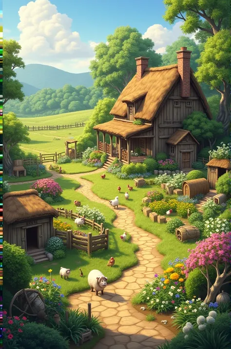 Old beautiful enchanted farm with plants and animals