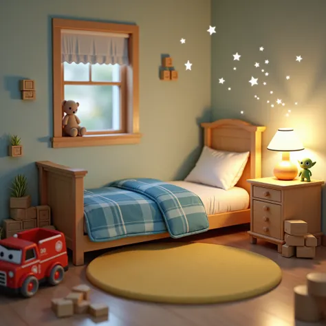 A cozy ren’s room with a warm and inviting atmosphere. Wooden toys like classic building blocks, a firefighter toy truck, and a small, cute plush green alien figure are scattered around. A bed with a realistic blue checkered blanket takes center stage. A s...