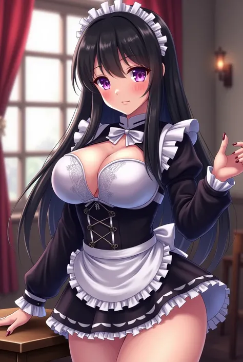  Oc from anime girl with black hair and purple eyes big boobs very big pretty dressed as a maid, Pretty showing a little bit  