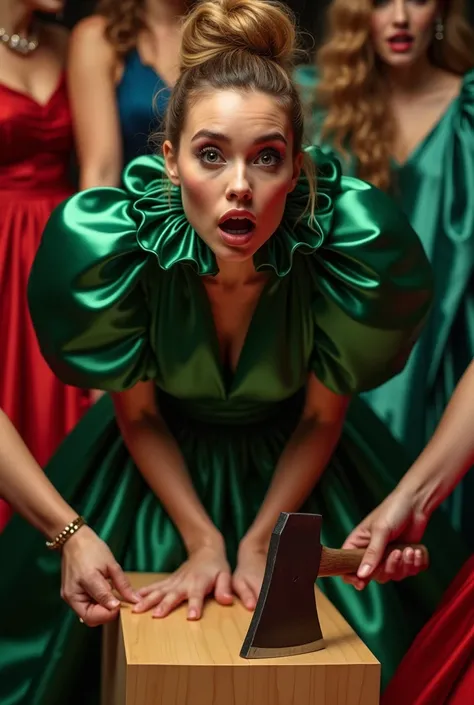 (realistic photograph close up), (a giggling surprised beautiful Caucasian lady with (messy hair bun), she is dressed in (an elaborate metallic green silk gown with (long gigantic puff sleeves), (and with an ultra high tight stand-up collar up to her cheek...