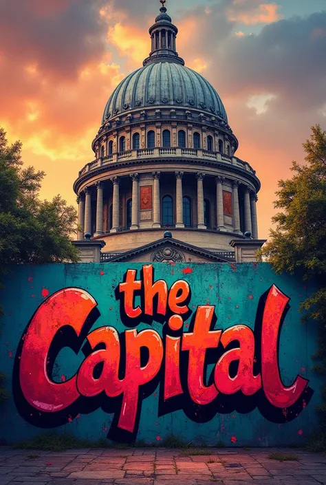 the phrase in Spanish "the capital" like deep-colored legible graffiti with dome background.
