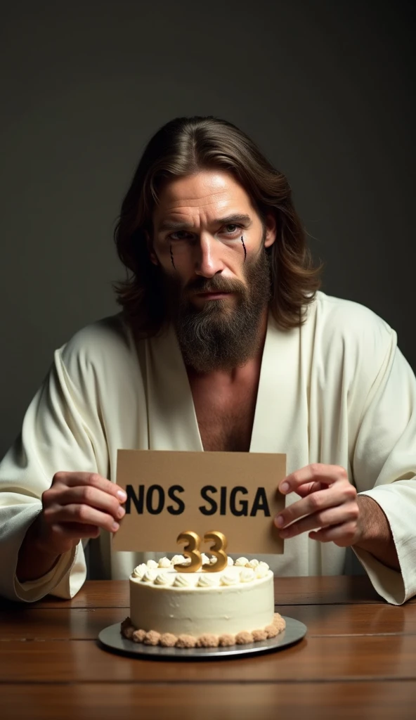 A realistic image of Jesus Christ with a long beard and shoulder-length hair, wearing a simple white robe. He is seated at a wooden table. He has a serious and slightly emotional expression, with his mouth slightly open and tears streaming down his face. H...