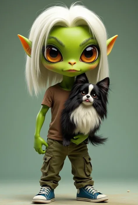 Green alien with ,  big brown eyes , white straight hair, masculine,  cargo pants at the height of the cinnamon green moss, brown t-shirt, blue sneakers, Magrissimo , With black shitzu with white fur on the chest .
