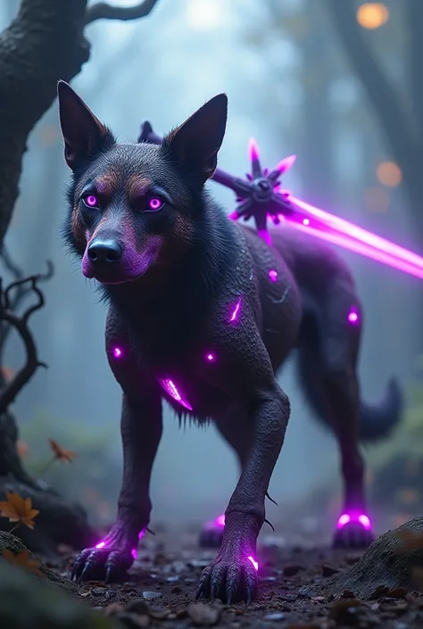 Create 32k ultra-realistic image of a dangerous, mutated hybrid fusion of Dog, Acai Berry, and Excalibur. This evolution showcases a fierce creature with canine features, dark purple acai berry essence, and a glowing Excalibur sword embedded in its back. T...