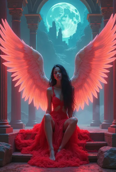 A [woman  wings angel] wallpaper in the style of Vaporwave Baroque, with classical elements juxtaposed against retrofuturism, drenched in hues of [red], [black] Long hair, sits, minidress 