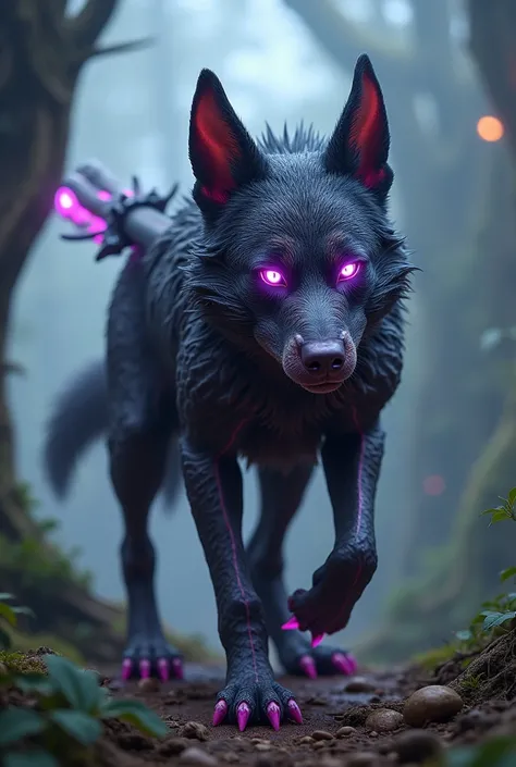 Create 32k ultra-realistic image of a dangerous, mutated hybrid fusion of Dog, Acai Berry, and Excalibur. This evolution showcases a fierce creature with canine features, dark purple acai berry essence, and a glowing Excalibur sword embedded in its back. T...