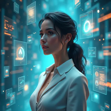 3d art woman surrounded by floating glowing graphs labeled “Inteligencoa Artificial”