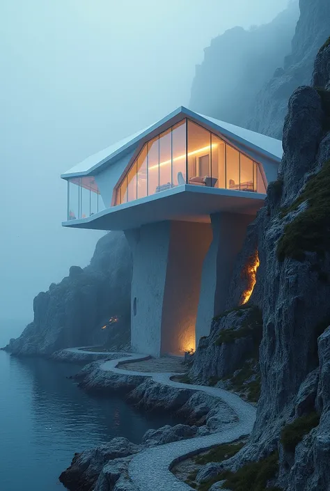 "Ethereal White House on full of lights
A sleek, modern white house perched on a rocky cliff of a secluded island. Surrounded the house features sharp geometric designs, large glass walls, and a single winding path leading to a hidden beach below. The eeri...