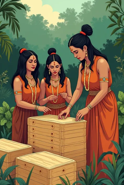 Indigenous women making wooden hives easy drawing