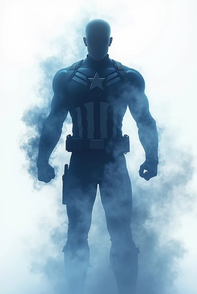 Smoky art, drawing with blue smoke on a white background, (smoky:1.3) silhouette of Captain America for a white background, a man made of blue smoke, drawing with gray smoke, drawing with smoke