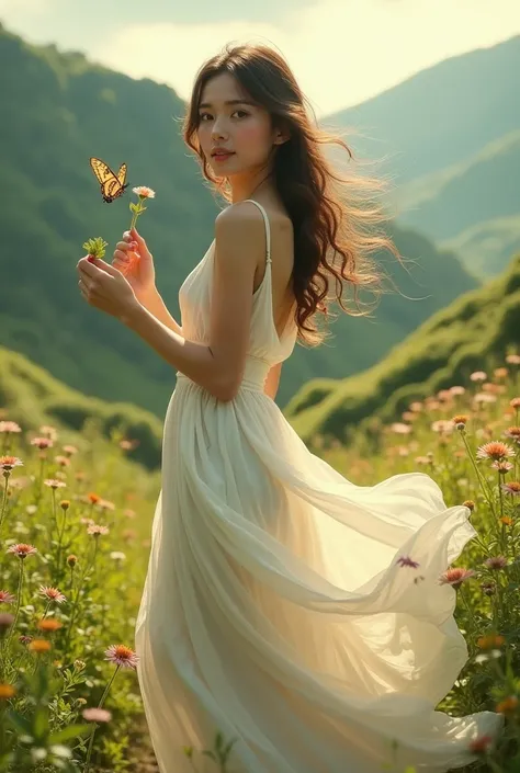 Woman from the front,  with a butterfly in her hand while walking in a valley during the day, with a flower in the other hand and white dress .