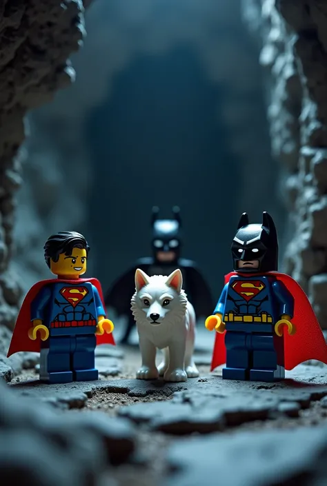  Superman and Batman in lego art, Night A dark elf assassin in a cave,  in front of a white wolf