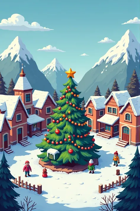 the painting shows a Christmas tree standing in the middle of the market square in winter. The picture is a pixel art.