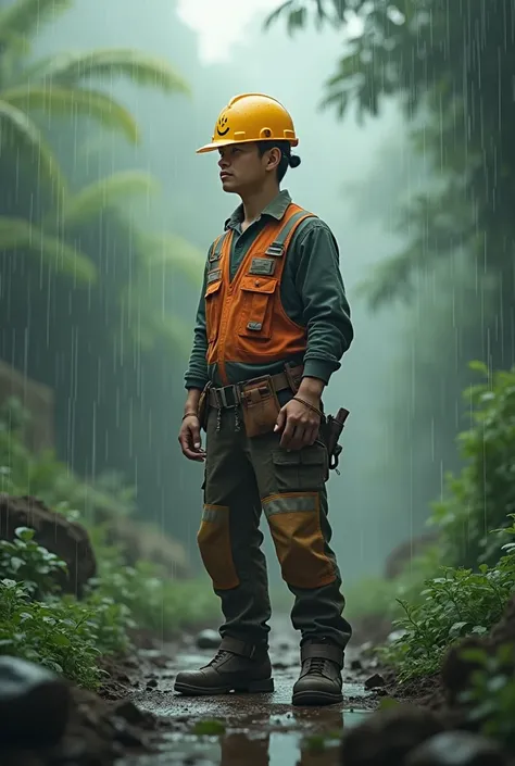 Builder with rain landscape in the background and his helmet with a happy face 