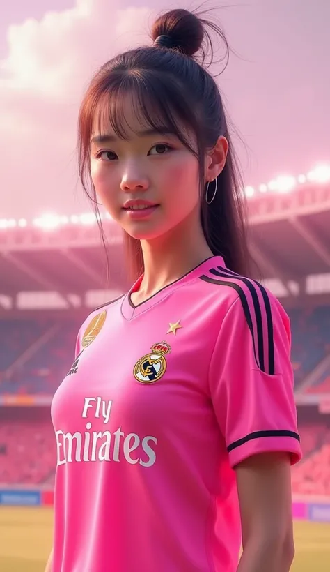 Real Madrid pink shirt, girl asian, full body