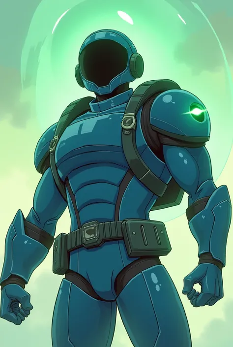 a sharp-bodied soldier , Who throws a green holographic shield this one is flying and is propelled with a jetpack and wears a blue uniform with a long-sleeved bulletproof vest and a fighter pilots helmet, with cartoon animation .