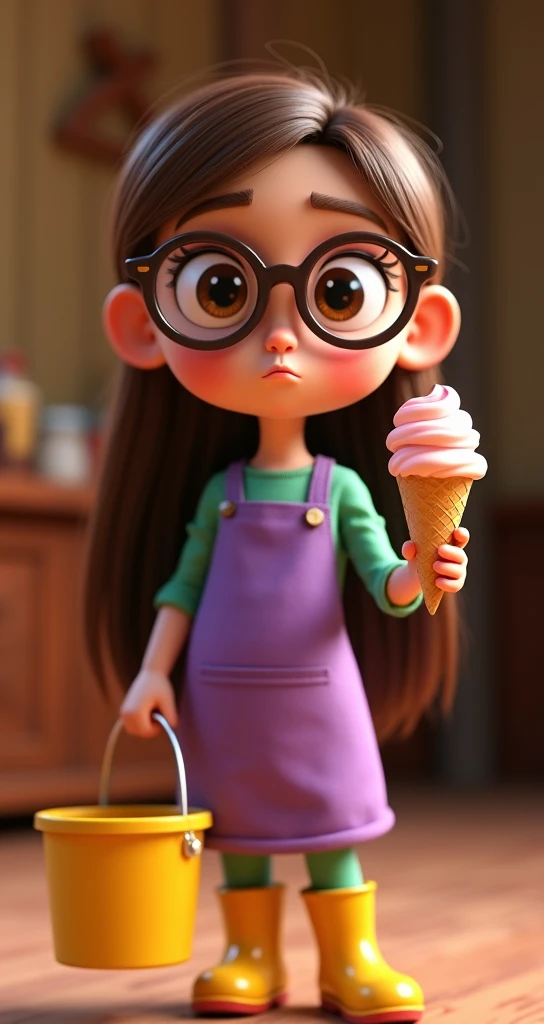 "A 3D animated character of a young girl with big glasses, holding an ice cream cone in one hand and a yellow bucket in the other. She has long brown hair and is wearing a purple apron over a green shirt, along with yellow rain boots. The background is rus...