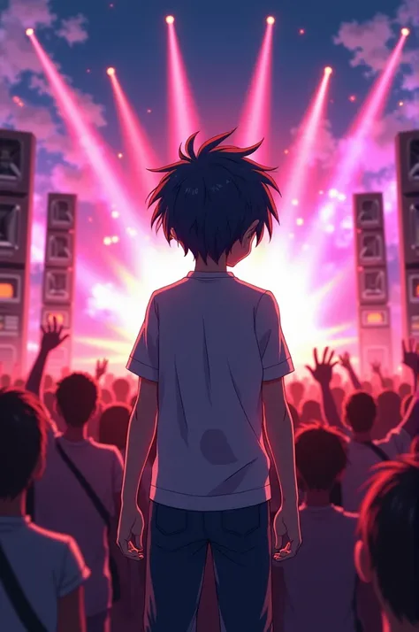 Generate an image of a young boy turning his back against an anime-style concert background
